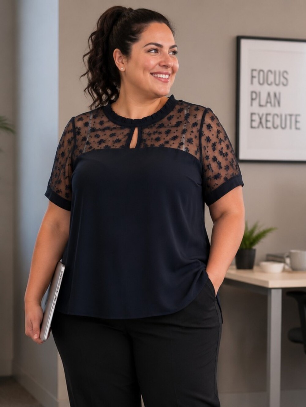 Adrianna Papell Navy Floral Mesh Short Sleeve Blouse. NWT